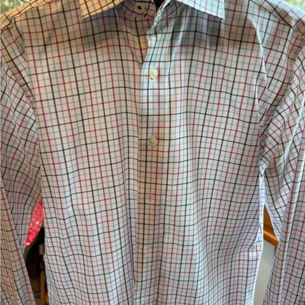 Lorenzo Uomo White Dress Shirt with Pink and Navy Windowpane